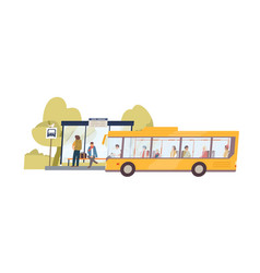 Cartoon Bus Stop With Transport And People Vector Image