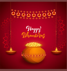 Gold coins and diya happy dhanteras background Vector Image