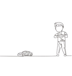 Single continuous line drawing little boy catches Vector Image