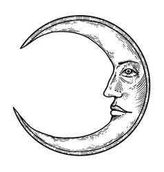 Moon with face engraving style Royalty Free Vector Image