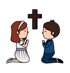 Little kids kneeling with cross first communion Vector Image