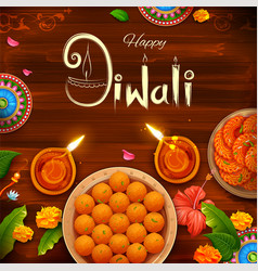 Burning diya with assorted sweet and snack on Vector Image