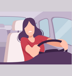 Scared Woman Driver Behind Wheel A Car Pop Vector Image