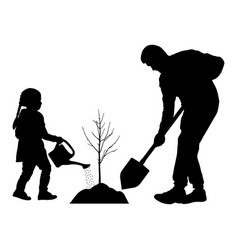 Father and son watering plants in garden Vector Image