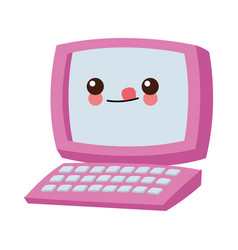 Desk computer with keyboard kawaii cartoon Vector Image