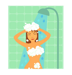 Young girl in bathroom home interior with shower Vector Image