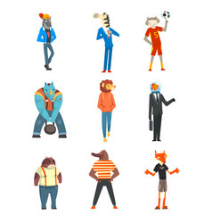 People with animal heads set wolf zebra cat vector