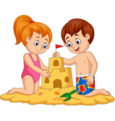 Cartoon happy girl making sand castle Royalty Free Vector