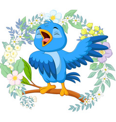 Cartoon blue bird sitting on tree branch Vector Image