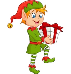 Happy green elf boy costume holding birthday gifts