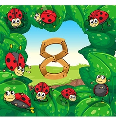 Number four with 4 ladybugs on leaves Royalty Free Vector