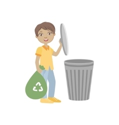 Boy throwing plastic waste in recycling garbage Vector Image