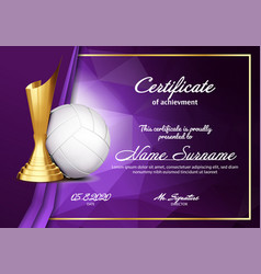 Volleyball certificate diploma with golden cup Vector Image