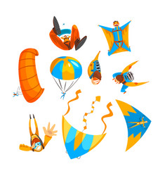 Skydivers flying with parachutes and hang gliders vector