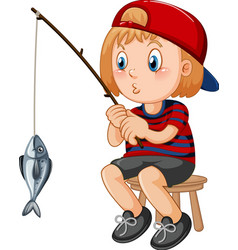 Happy kid sitting on a chair fishing Royalty Free Vector