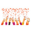 human hands rised up with smartphone dating app vector image