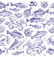 seafood seamless pattern sketch fish hand drawn vector image vector image