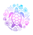 sea turtle and shells in line art style hand drawn vector image
