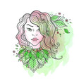 girl and leaves on a green watercolor background vector image