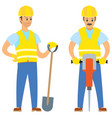repairmen with shovel and jackhammer work vector image
