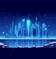 night neon winter city skyline at frozen bay vector image