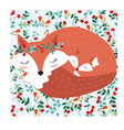 fox mom and baby in pretty cherry berry forest vector image