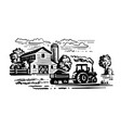 farm with trees and tractor harvesting hay vector image