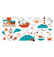cartoon sea nautical elements ocean travel icons vector image