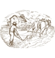 farmer and horse plowing the field with barn vector image