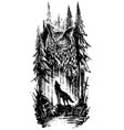 graphic howling wolf with big owl in forest vector image