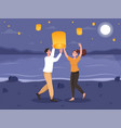 smiling couple on a date at sky lantern festival vector image