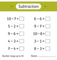 Subtraction number range up to 20 math worksheet Vector Image