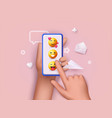 hand holding phone with emoji and message social vector image