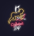 valentines day neon sign cupid with bow and arrow vector image vector image