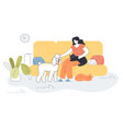 happy cartoon woman sitting on couch with pets vector image vector image