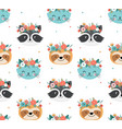 cute racoon cat and sloth heads with flower crown vector image
