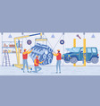 cartoon technician in uniform repair motor engine vector image