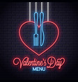 valentines day neon menu heart a fork and knife vector image vector image
