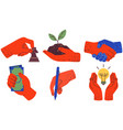 set of red hands holding stuff human palms vector image vector image