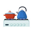 gas stove with pan and kittle home kitchen food vector image