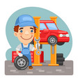 cartoon tire fitting in a workshop vector image