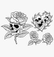 set dark skull head bones with rose hand drawn vector image