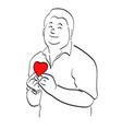 line art fat man holding red heart hand vector image