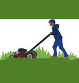 young man with lawn mower stock vector image