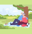 old man and woman having picnic under tree in park vector image