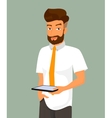 man holds a tablet pc in his hand vector image