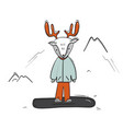 childish deer on snowboard cartoon winter sketch vector image