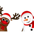 snowman and reindeer peeking sideways vector image