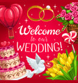 wedding cake red hearts bride and groom rings vector image vector image