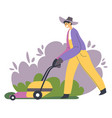 gardening person with lawn mower tending yard vector image